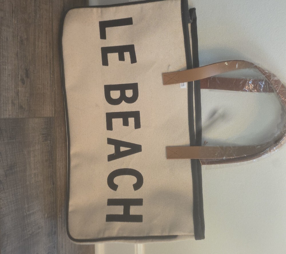 Canvas Carry Tote Bag with Leather Handles - Beige/Black